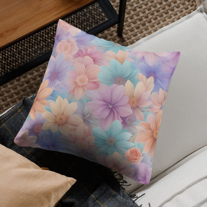 A calming floral design in pastel tones, making a cozy and elegant pillow for your living room or bedroom.