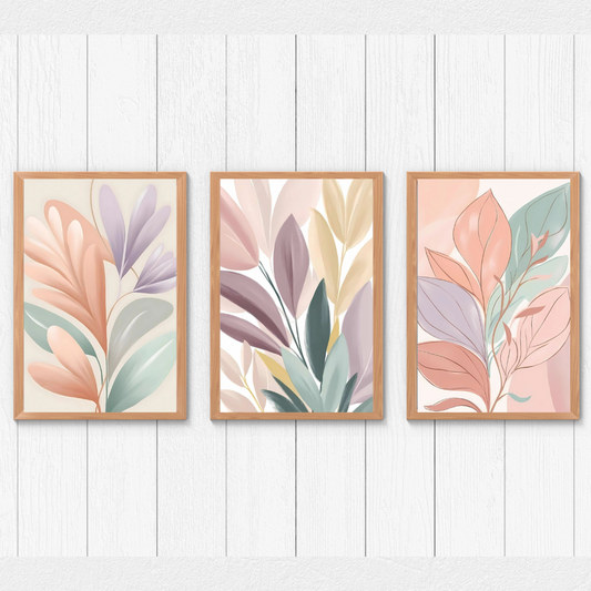  Minimalist botanical wall art featuring pastel leaves in soft peach, sage green, and lavender tones.