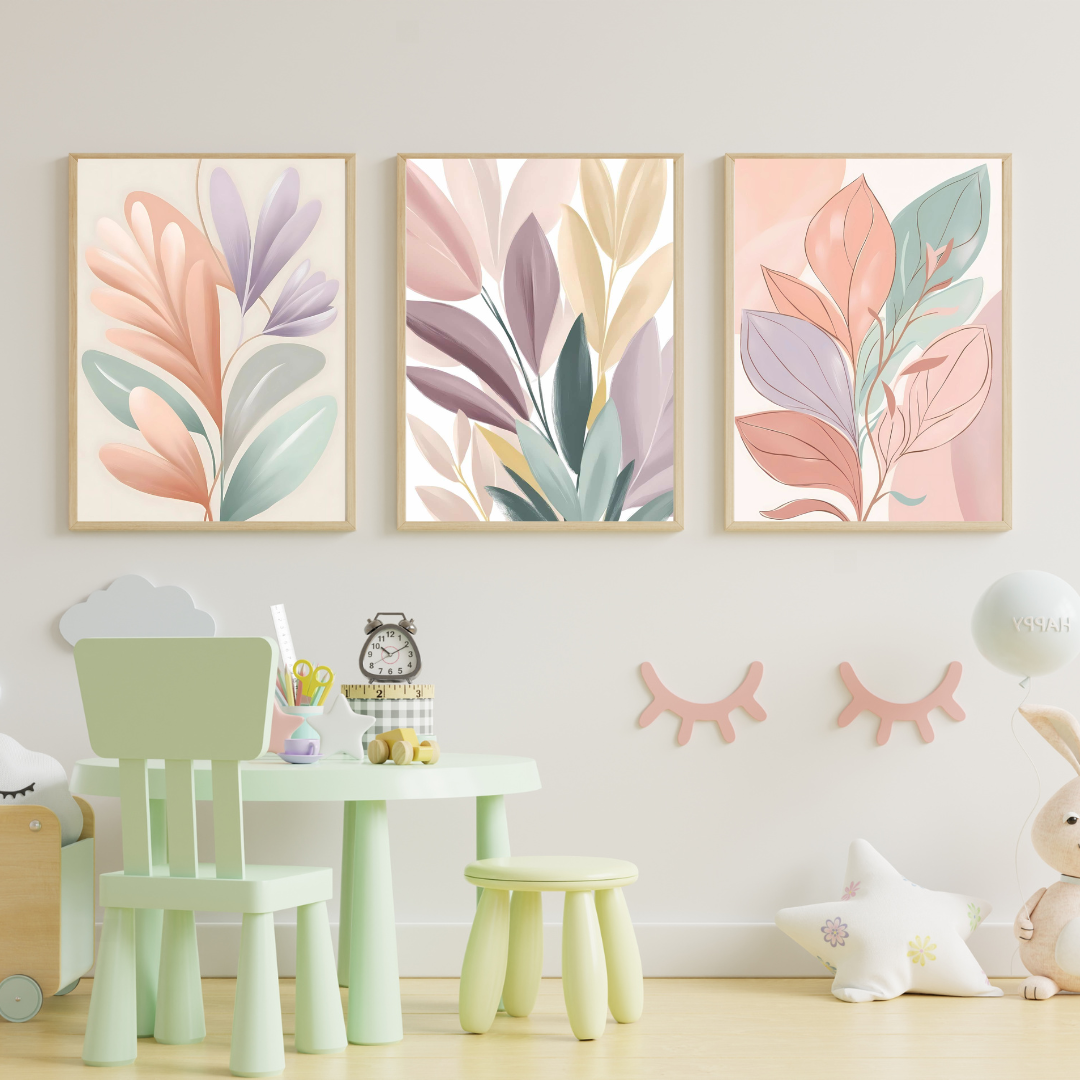 Elegant Scandinavian home decor print showcasing minimalist pastel leaves on a white background.