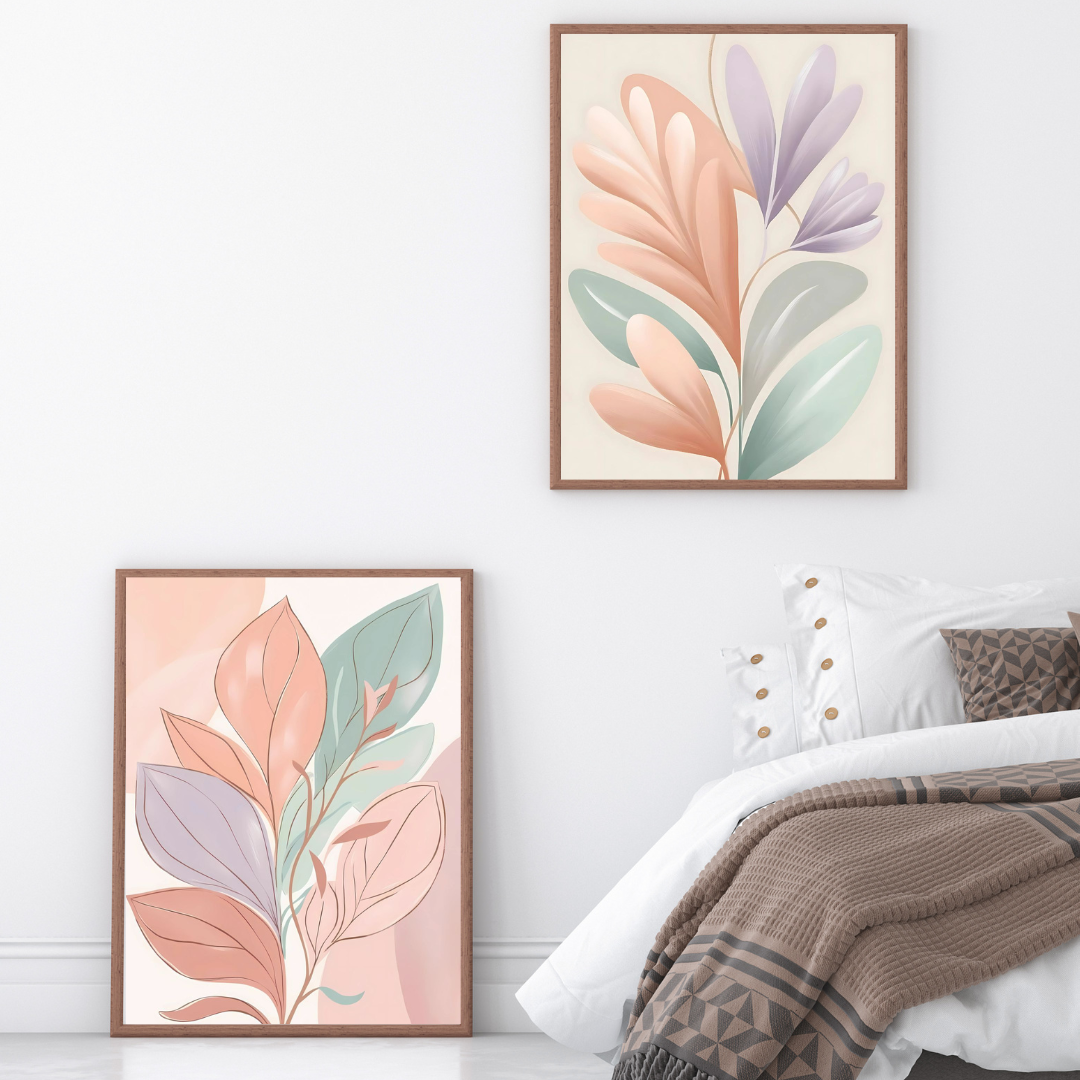 Muted earth-tone leaf prints designed for boho, Japandi, and minimalist home decor.