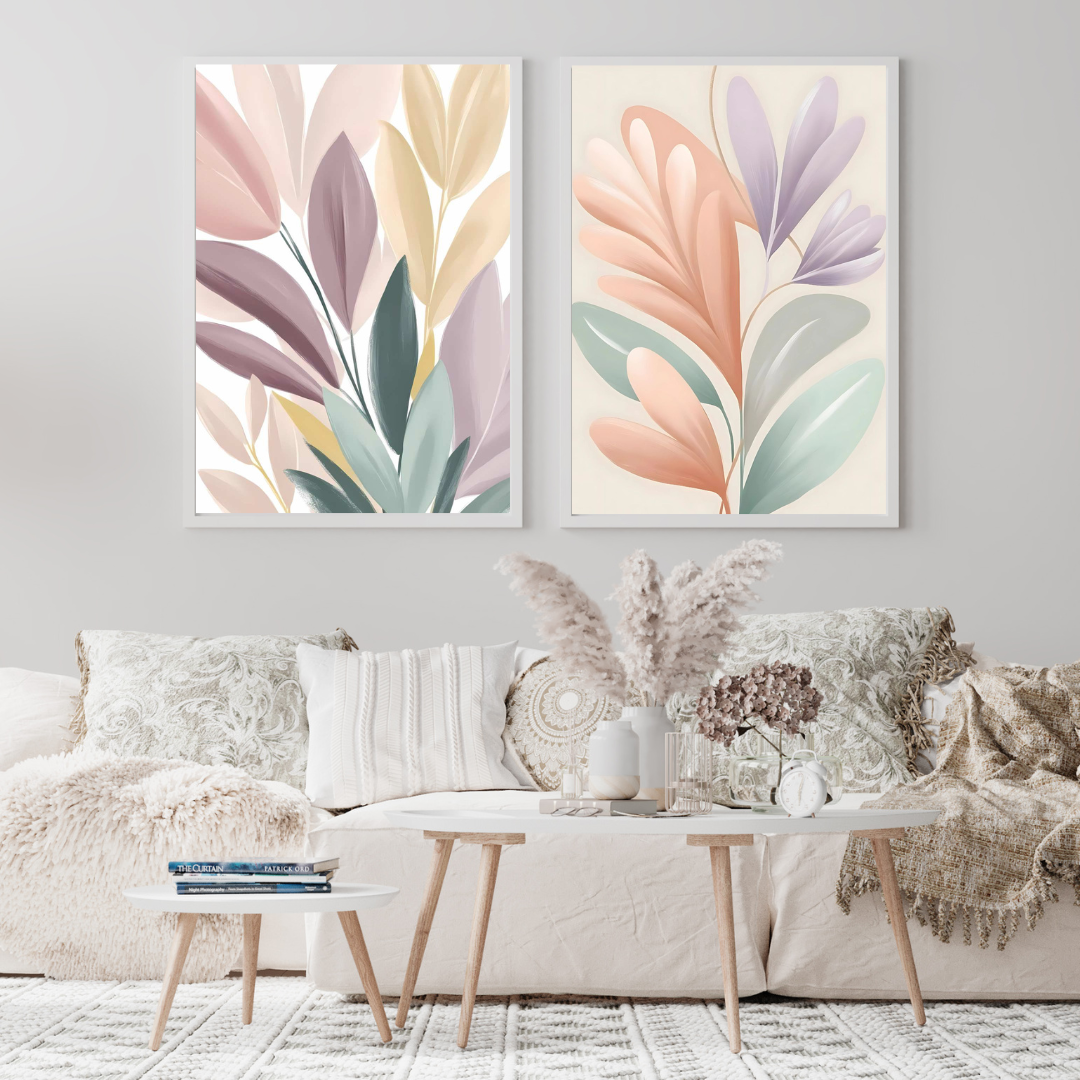  Serene wall art featuring organic leaf shapes in soft, blended pastel shades