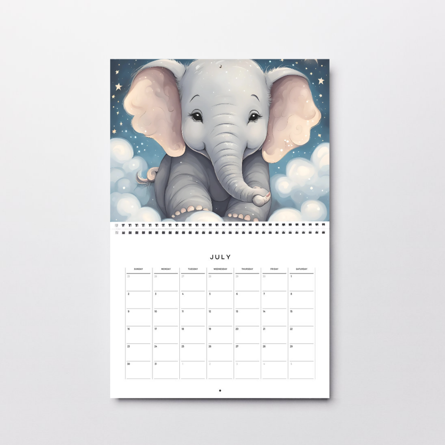 Soft pastel baby elephant artwork on a celestial-themed wall calendar