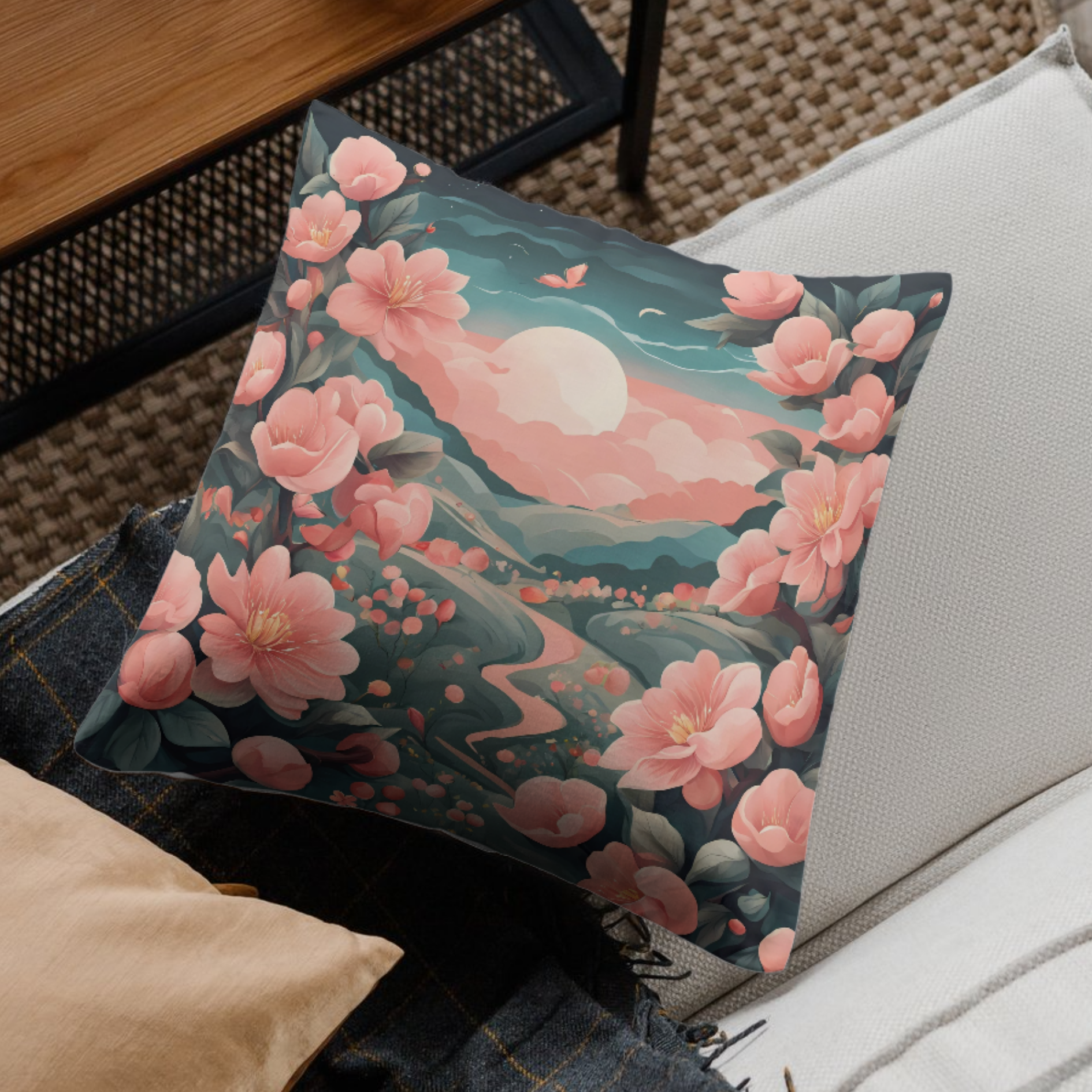 Cozy pillow with ethereal floral artwork in soft pastel hues, adding warmth and tranquility to any living space