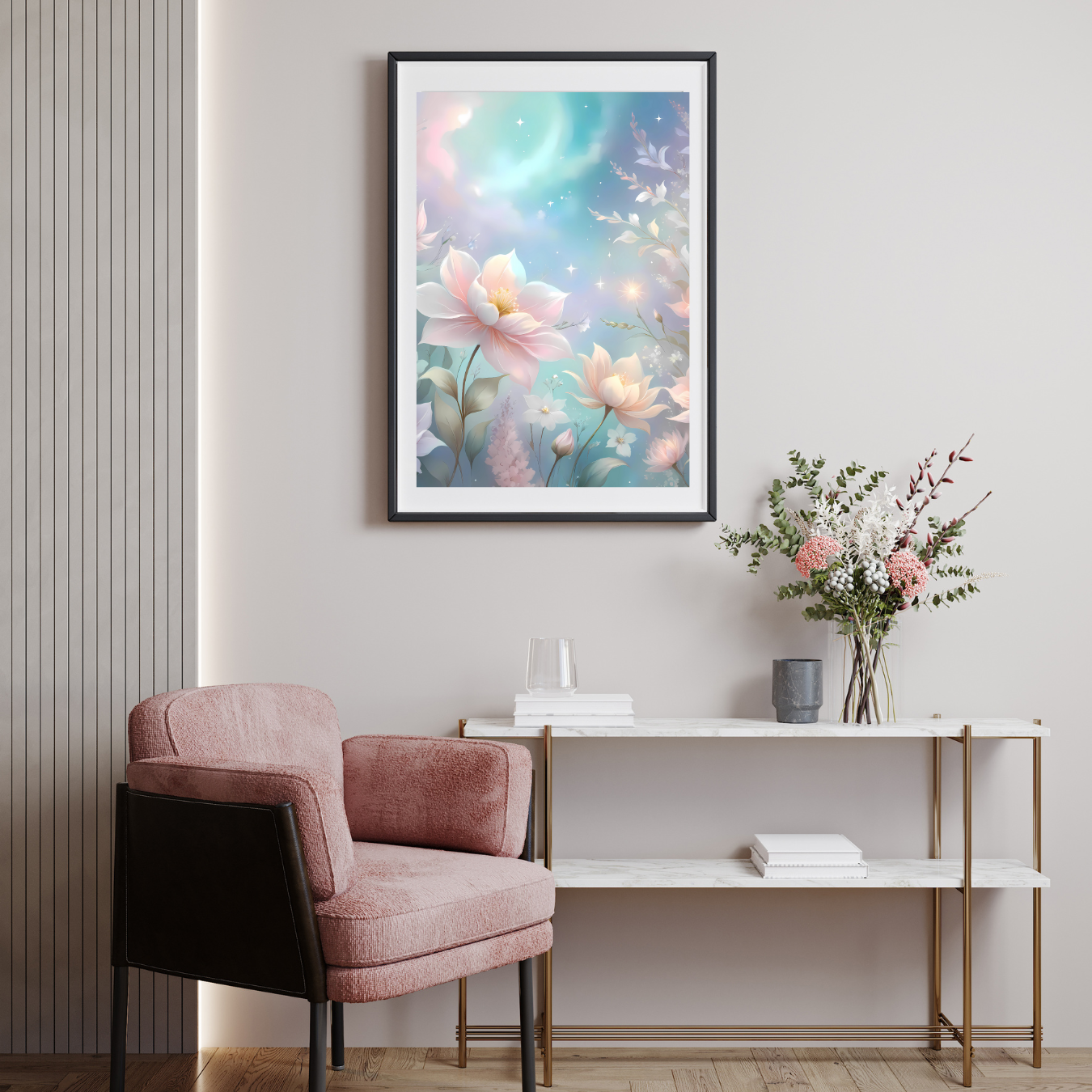 Romantic floral fantasy digital print featuring celestial pastels and ornate botanical details in a Rococo-inspired style