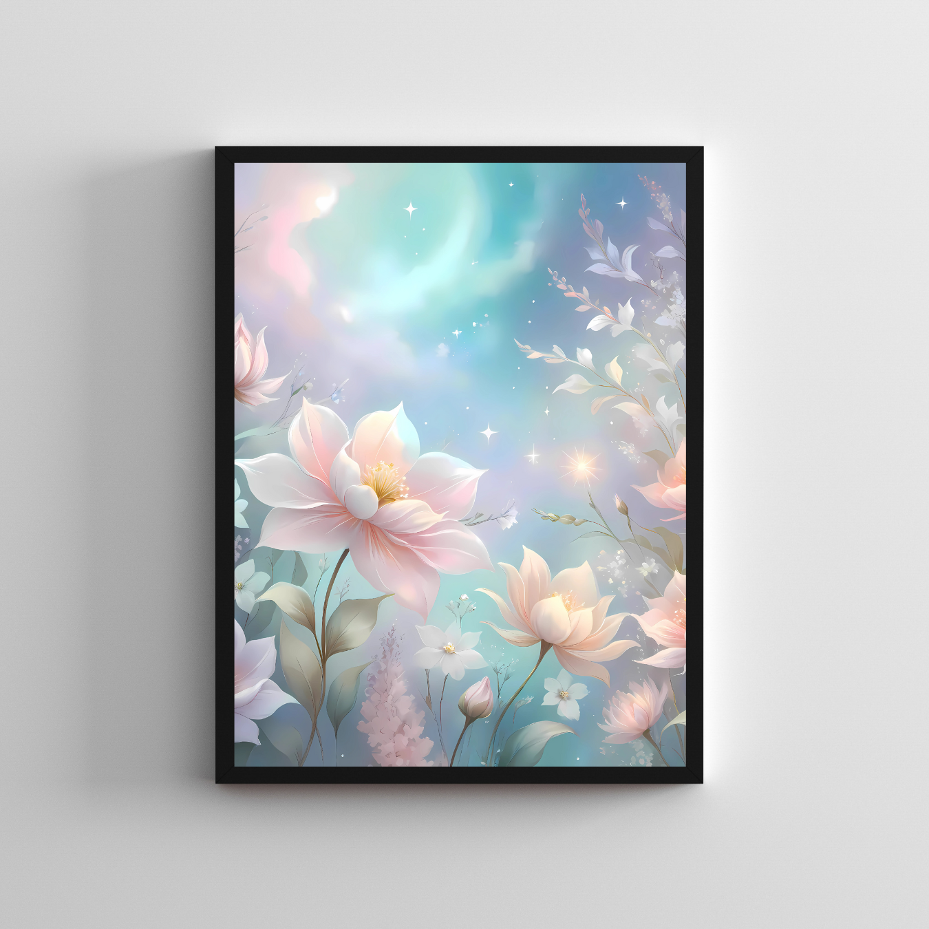 Modern fantasy meets Rococo elegance in this celestial floral wall art, perfect for vintage and contemporary decor lovers alike