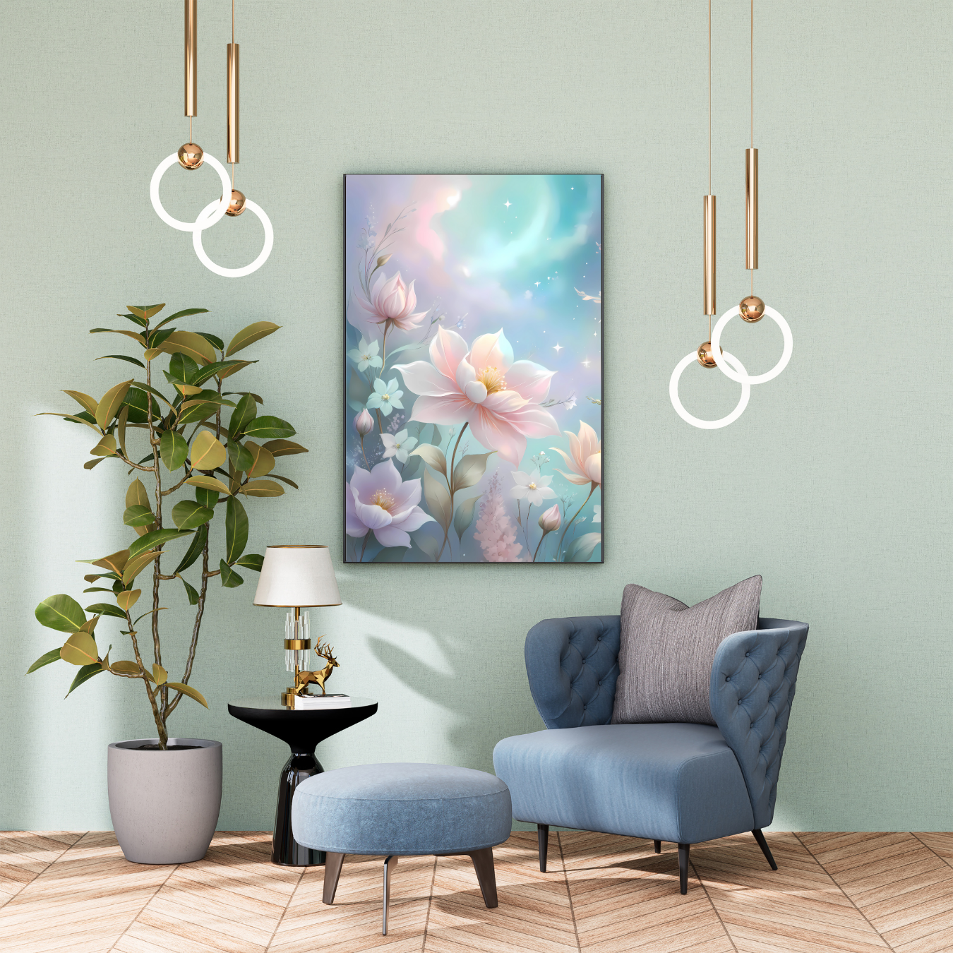 Soft pastel flowers bloom under a glowing sky in this Rococo-meets-modern fantasy wall art print, adding magic to any space