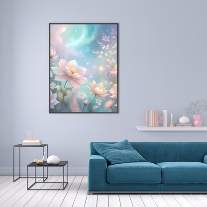 Delicate floral swirls and a celestial background create a romantic, timeless atmosphere in this Rococo-inspired wall art print