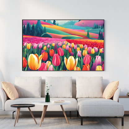 Wide landscape canvas featuring a bright tulip meadow, peaceful countryside, and pastel-colored clouds