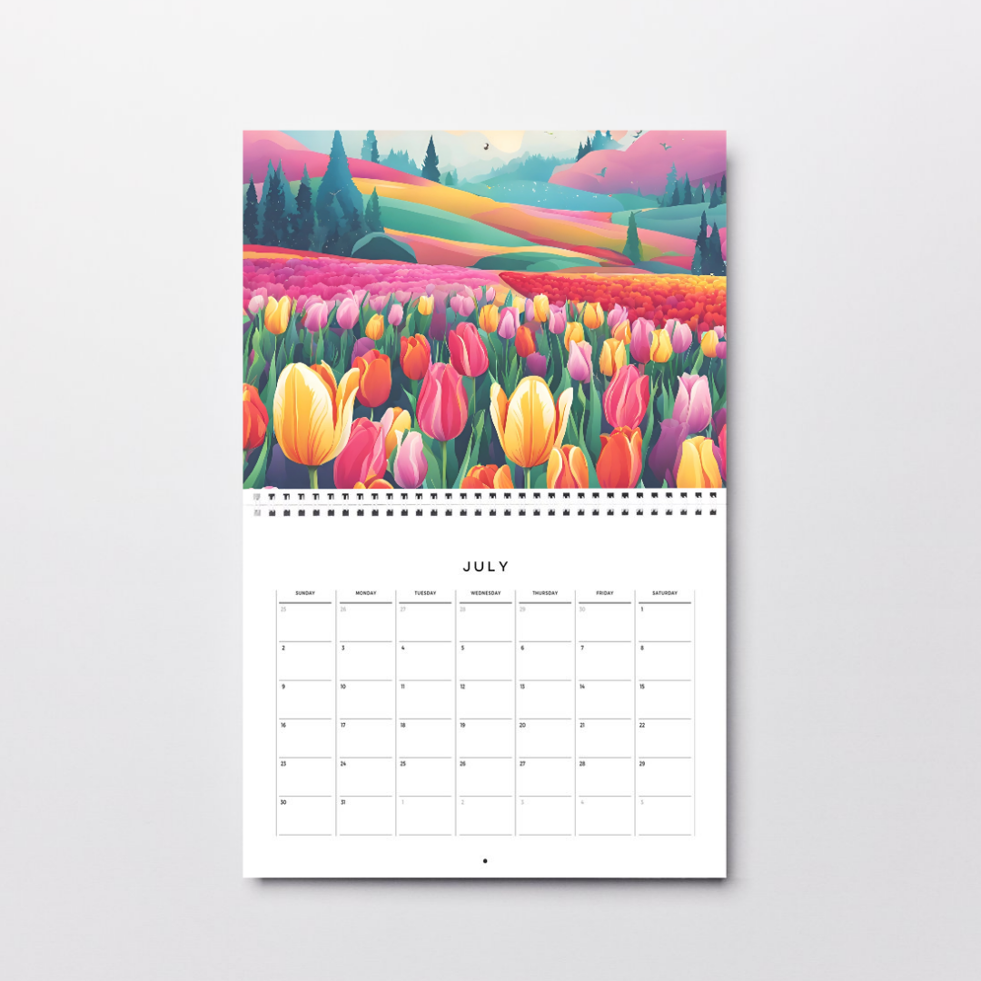 Stunning seasonal wall calendar featuring a colorful tulip field, lush trees, and a dreamy mountain backdrop