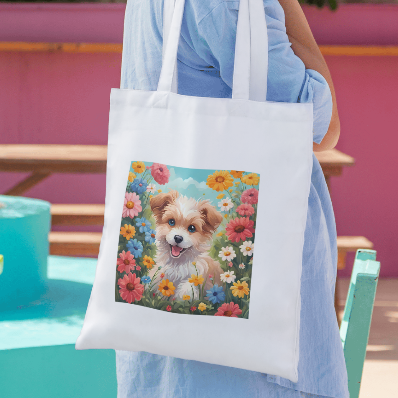 Happy dog with colorful blooms design on a tote bag – stylish and practical