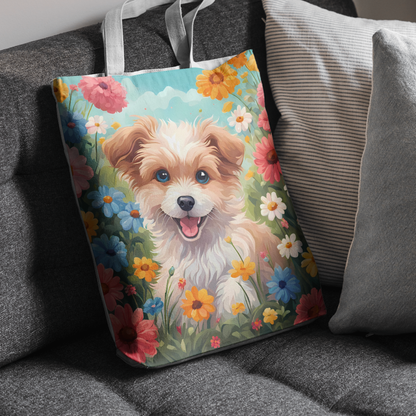 Happy dog with colorful blooms design on a tote bag – stylish and practical