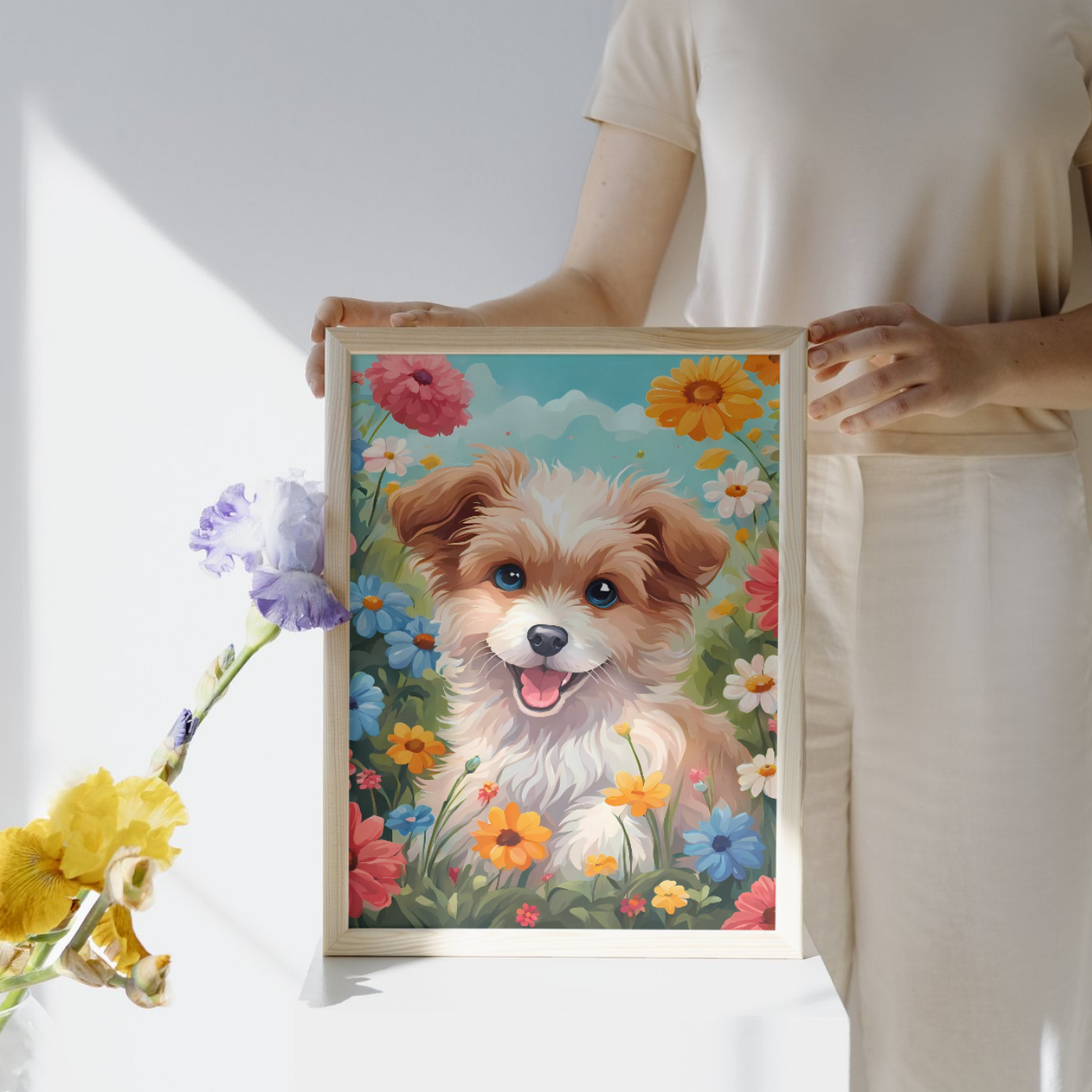 Whimsical smiling puppy surrounded by flowers – vertical wall art