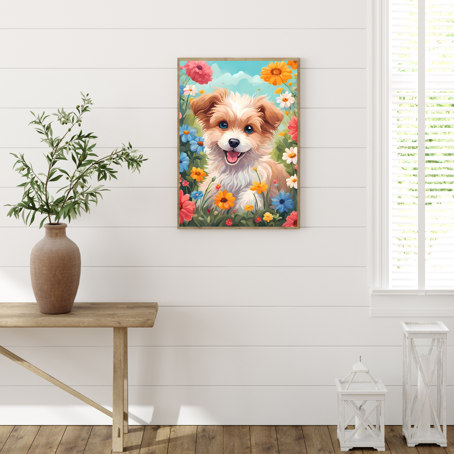 Bright and cheerful dog art in a field of colorful daisies – perfect for vertical spaces