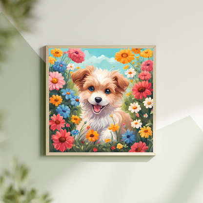 Adorable puppy with a vibrant floral background – vertical canvas print