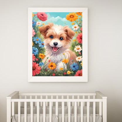 canvas featuring a playful puppy in a field of colorful flowers