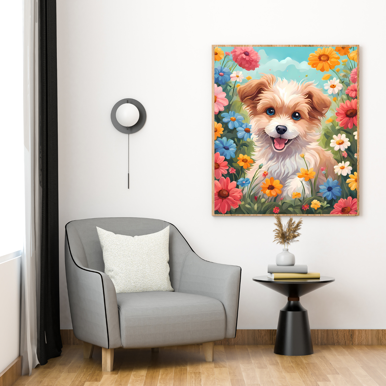 Smiling dog surrounded by bright flowers – perfect landscape canvas for dog lovers