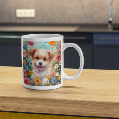 Adorable smiling puppy with colorful flowers printed on a mug – perfect for dog lovers."
