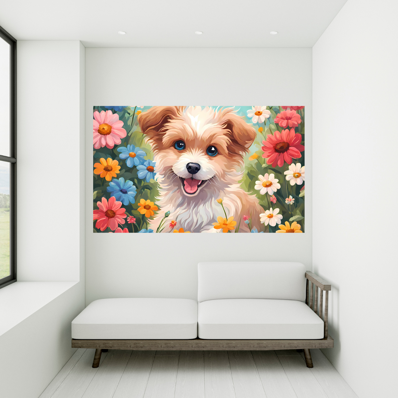 Vibrant floral puppy design featured on a wall  – brighten your day year-round."