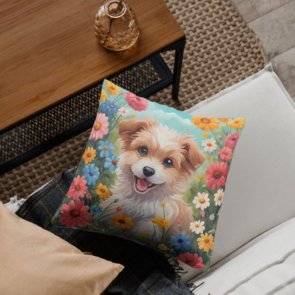 Smiling puppy and colorful flowers on a cozy pillow – perfect for a cheerful home.