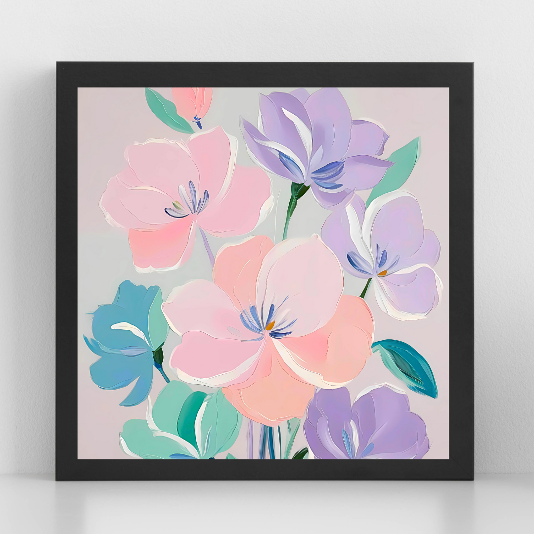  Soft pastel floral wall art print featuring pink, lavender, and green flowers.