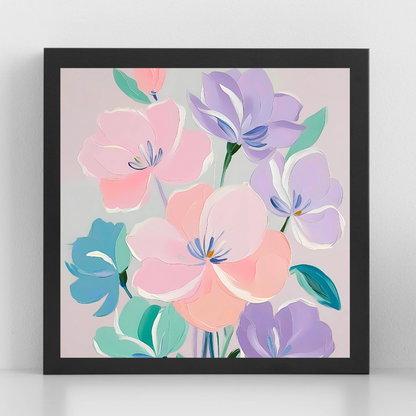  Soft pastel floral wall art print featuring pink, lavender, and green flowers.