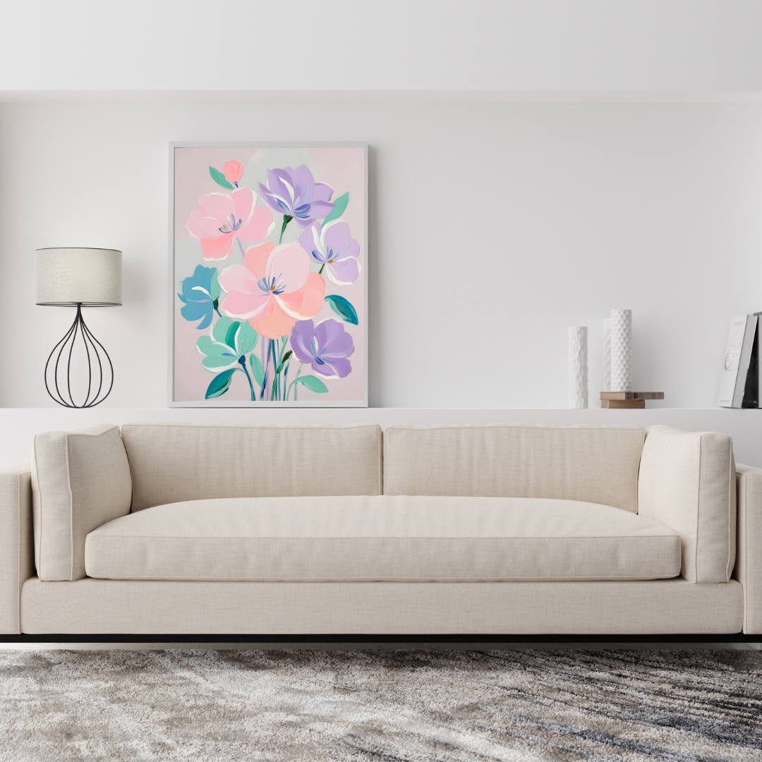 Digital watercolor flower painting in soft pink, lavender, and mint tones.