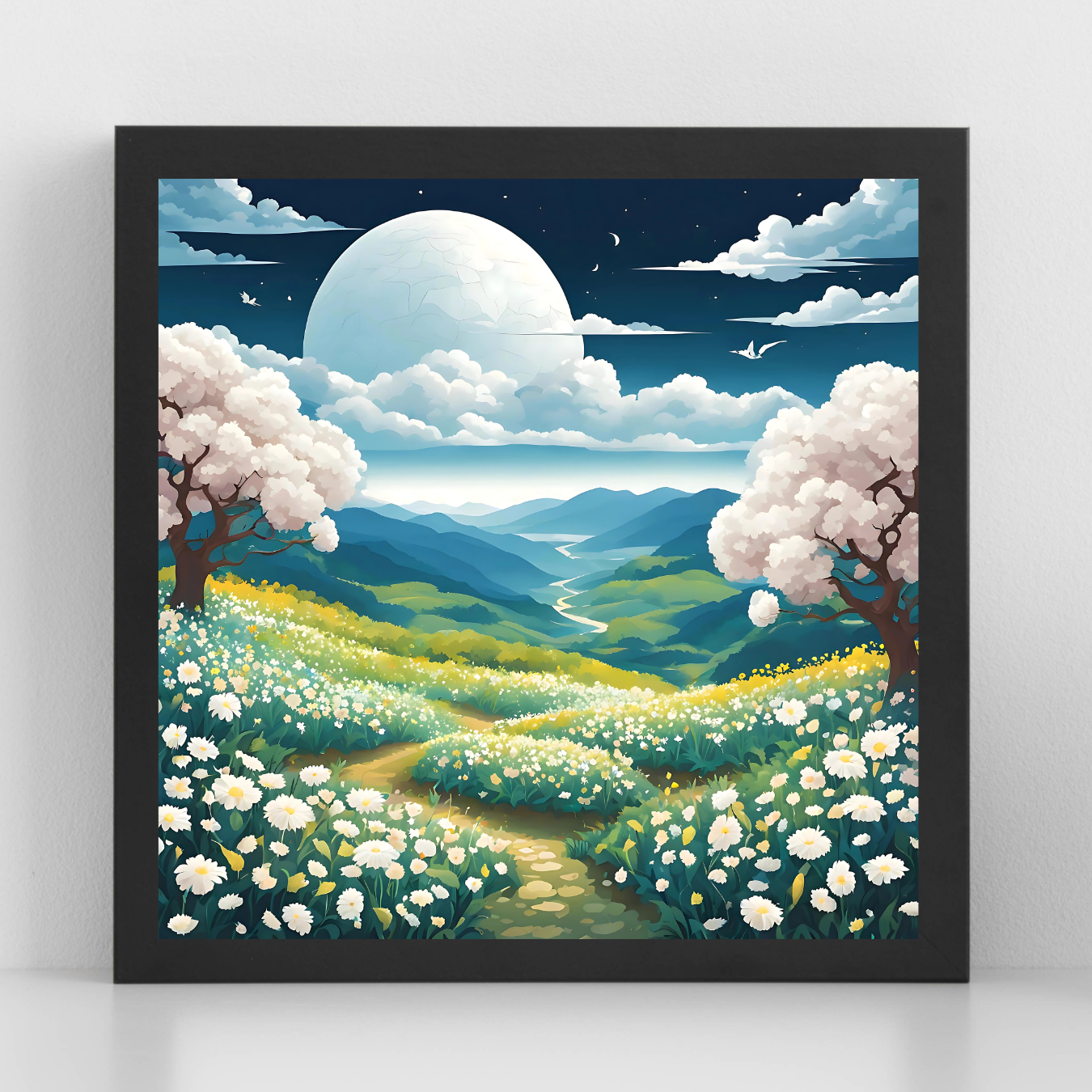 Spring landscape digital print featuring blooming daisies and rolling hills