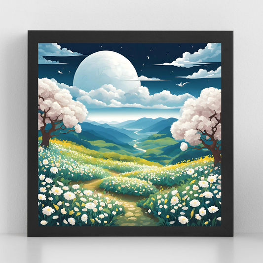 Spring landscape digital print featuring blooming daisies and rolling hills