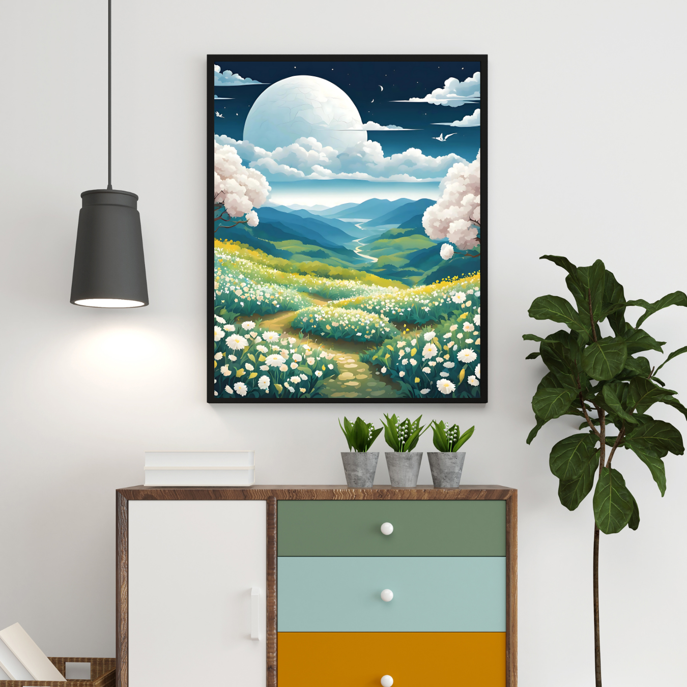 Spring season nature illustration with flowers, hills, and soft light