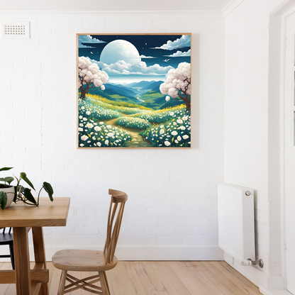 Nature-inspired digital wall art with a peaceful mountain view