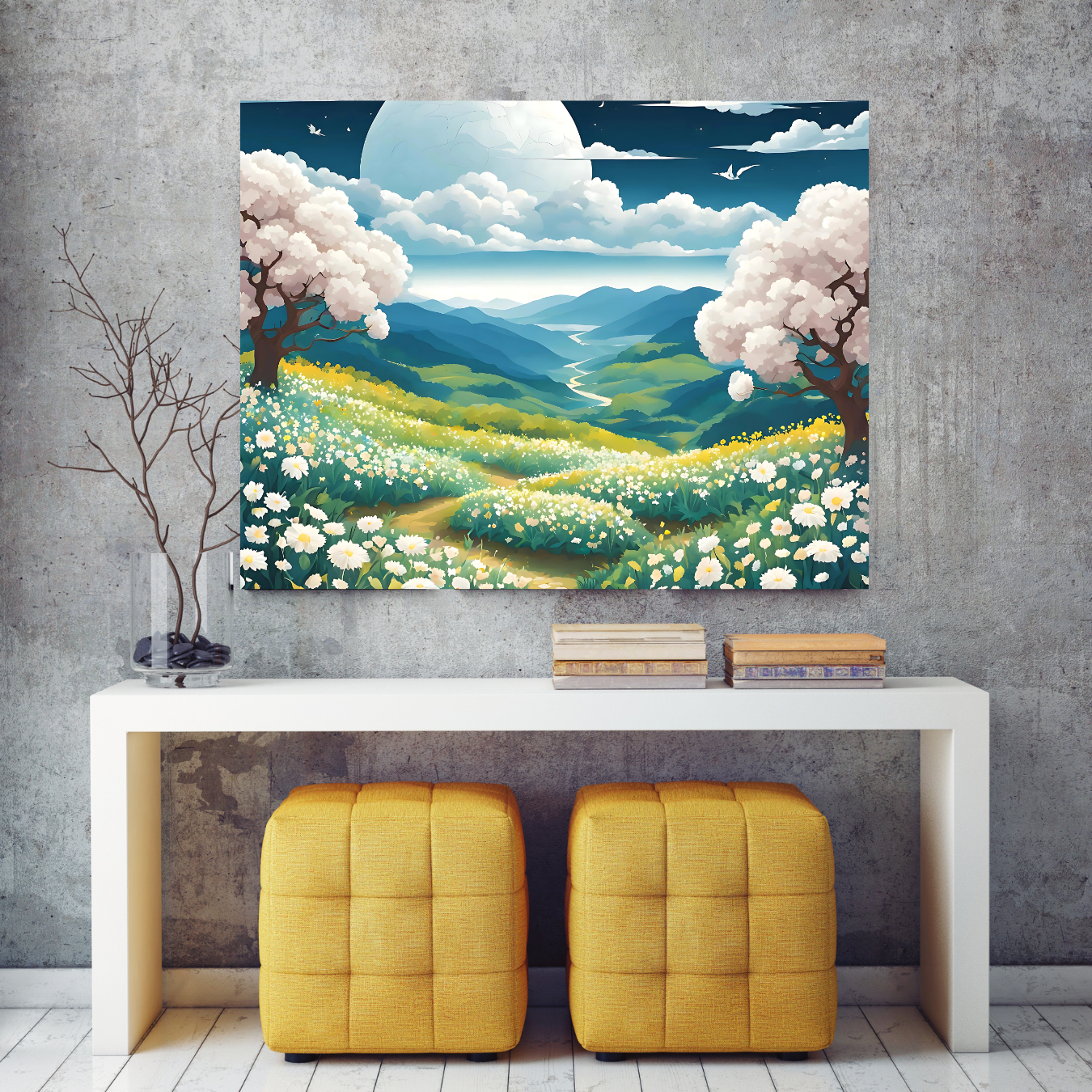 Tranquil spring meadow artwork in soft pastel colors