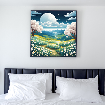 Calming spring scenery digital print featuring mountains and meadows