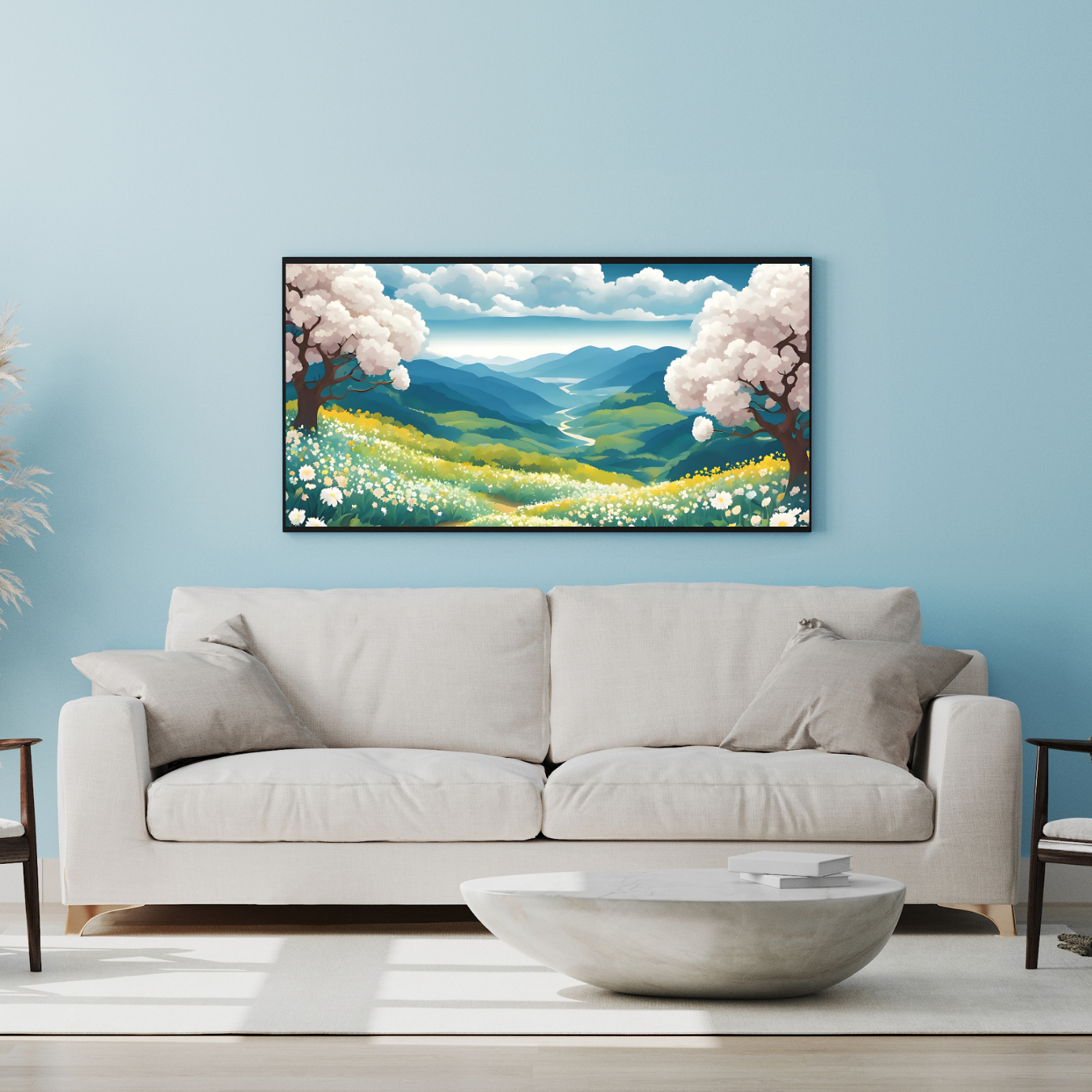 Digital springtime art print featuring a peaceful valley and river