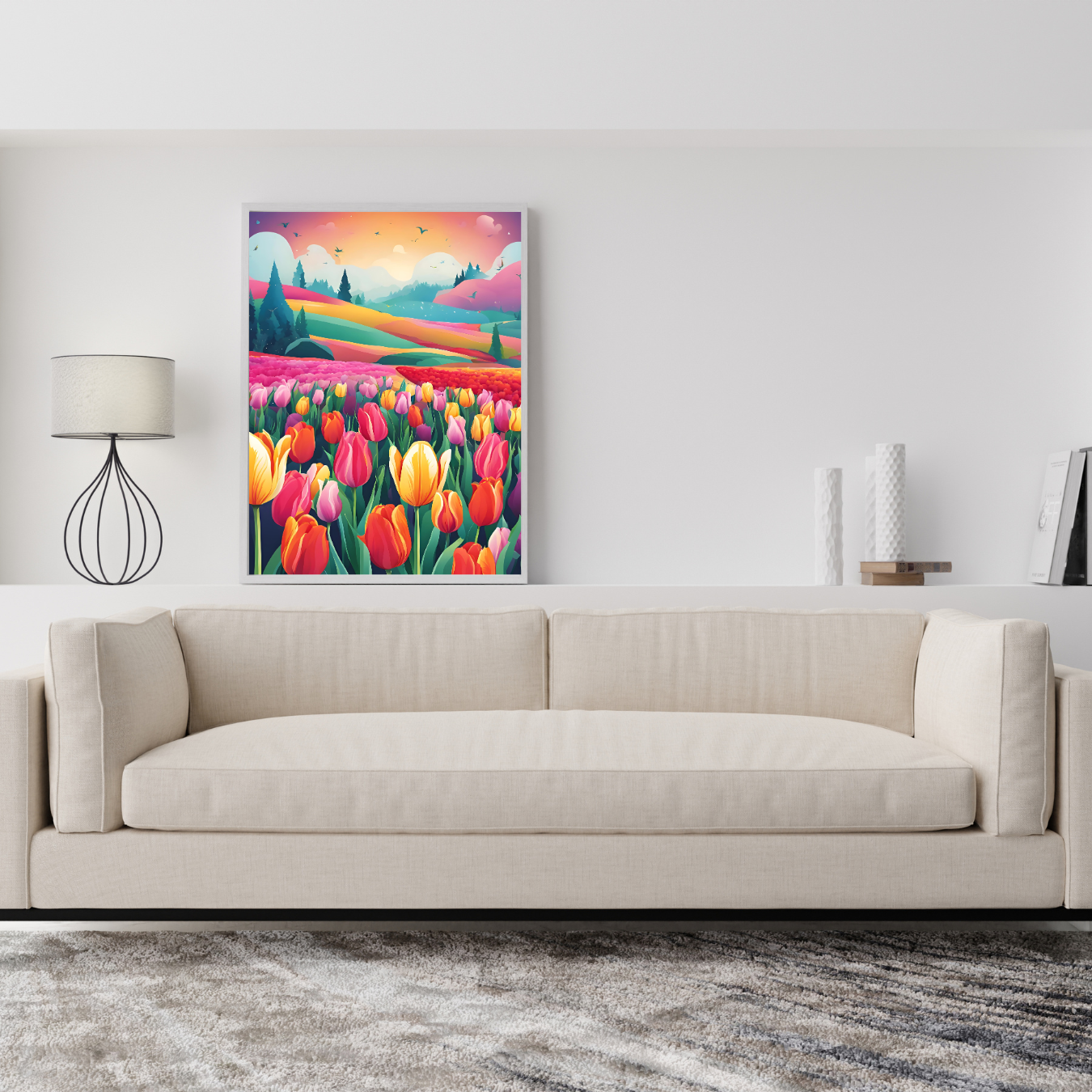 Stunning spring countryside print captures the beauty of a tulip field, mountains, and dreamy skies