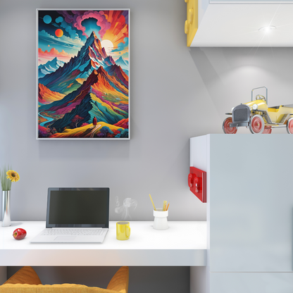 A vibrant, surreal mountain landscape with a lone traveler gazing at colorful peaks under a celestial sky. Perfect for dreamers and adventure lovers