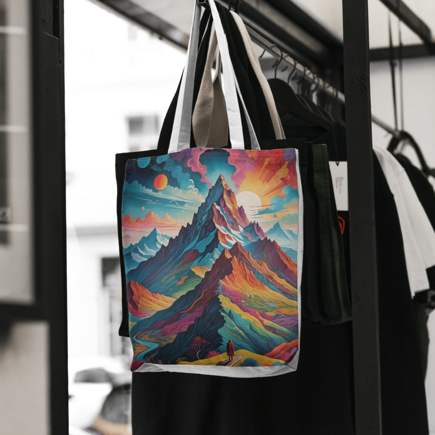 Carry the magic of a surreal mountain dreamscape with this vibrant and celestial-themed tote bag