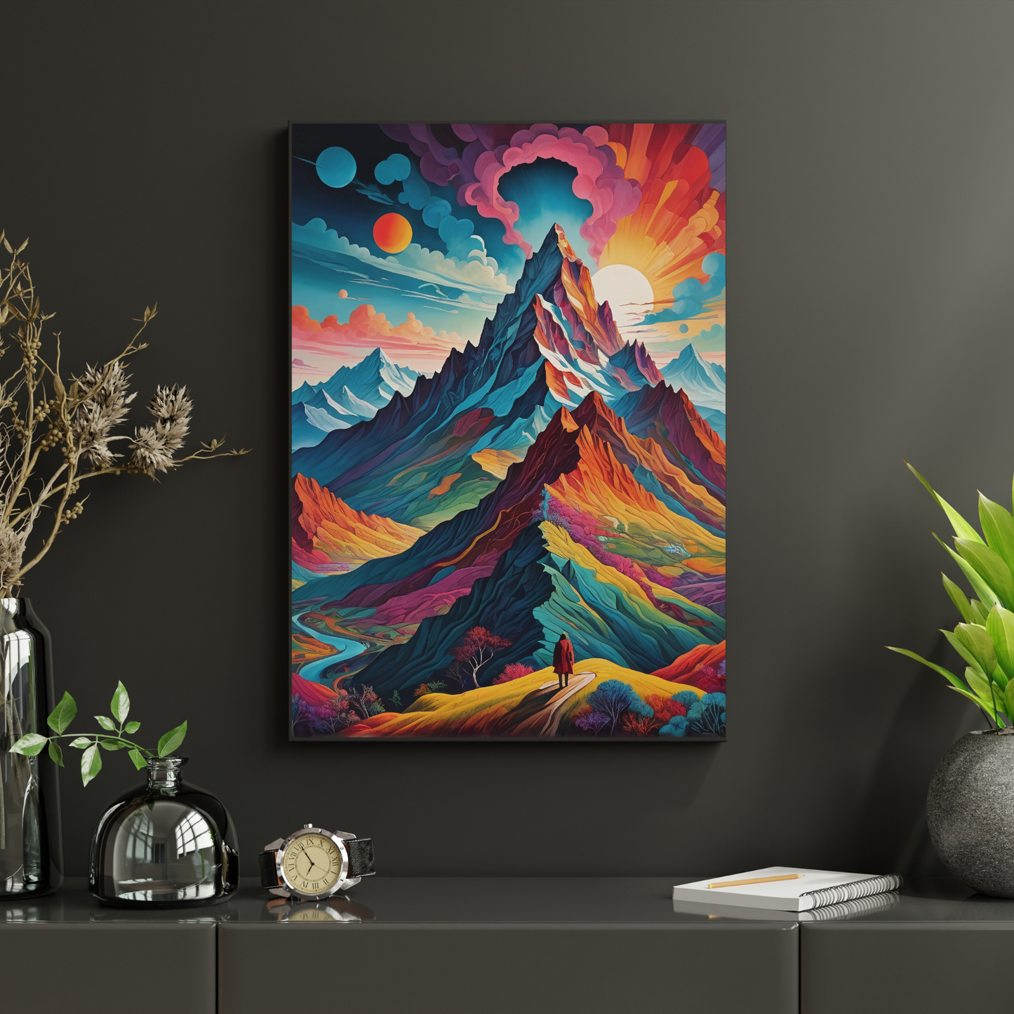 Fantasy-inspired mountain art featuring bold, radiant colors and mystical planets in the sky. A breathtaking scene for home or office decor