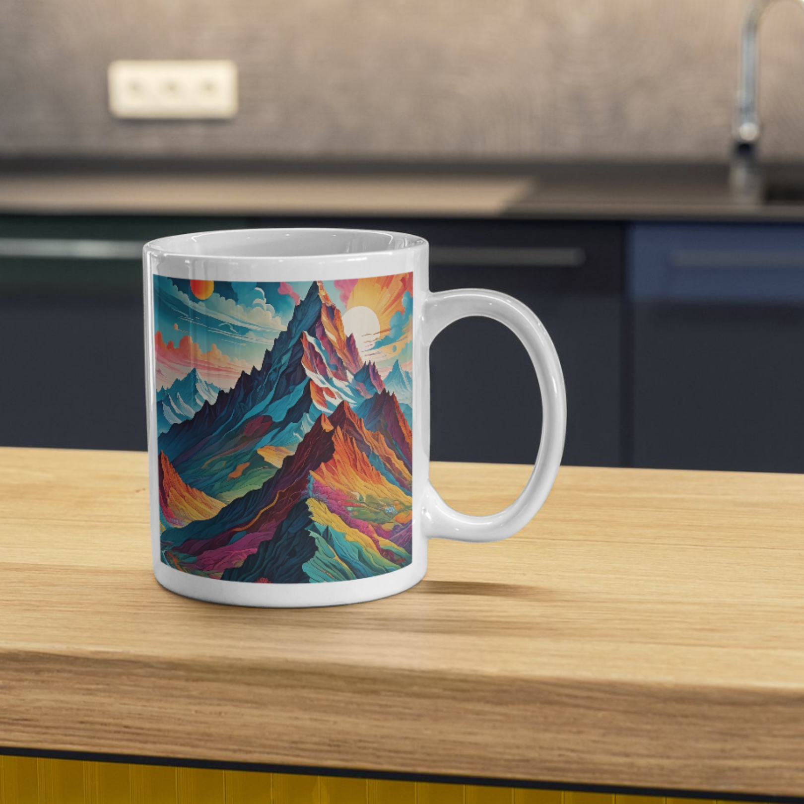 Surreal mountain design wraps around this mug, featuring colorful peaks and a dreamlike sky. Perfect for fantasy lovers and adventurers