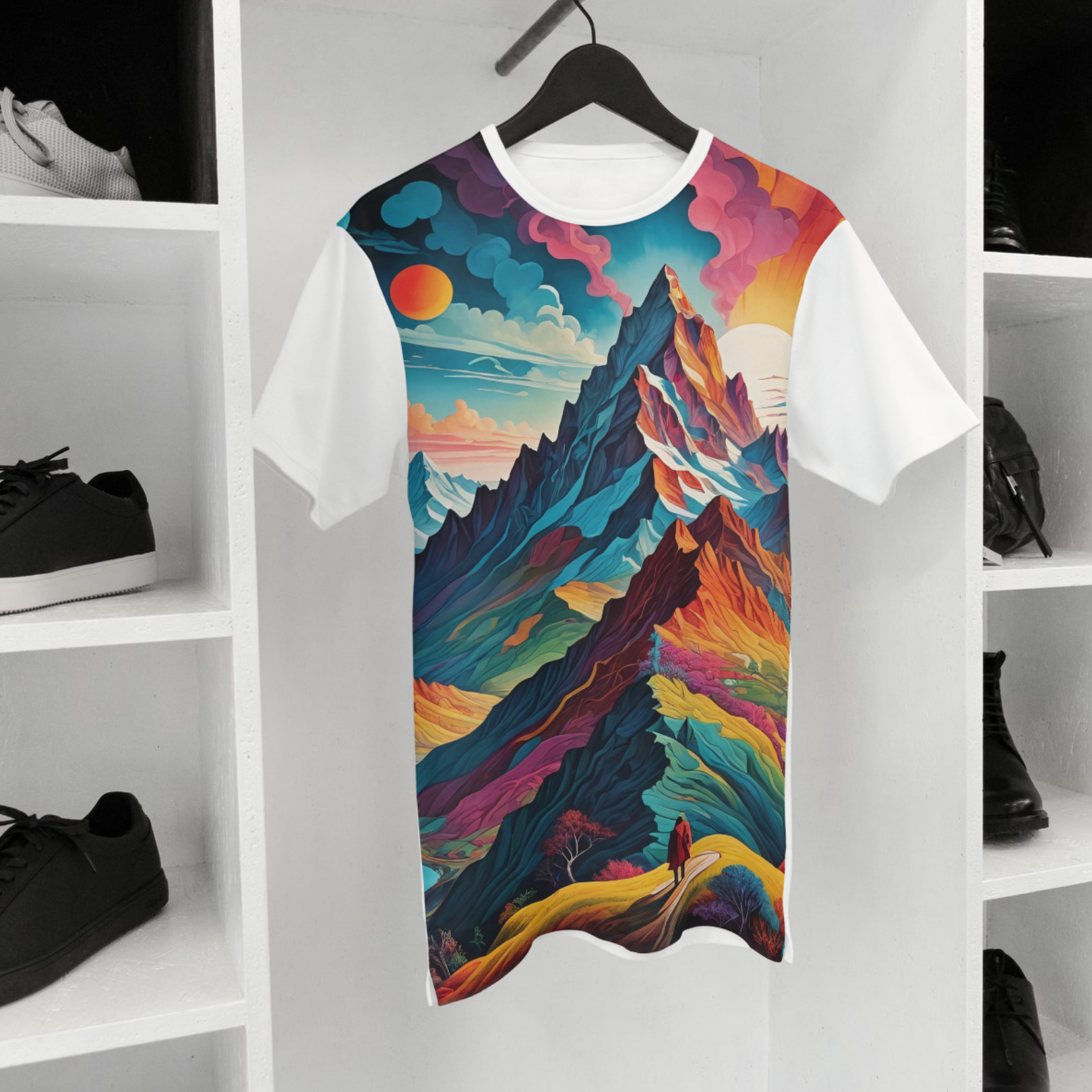 Stand out with this eye-catching mountain fantasy design, featuring surreal peaks and a celestial atmosphere