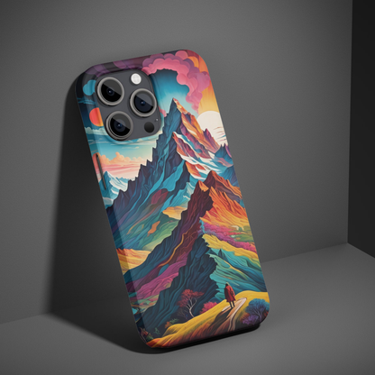 Bold, colorful mountain landscape design for a unique and artistic phone case. A celestial masterpiece for nature and fantasy lovers