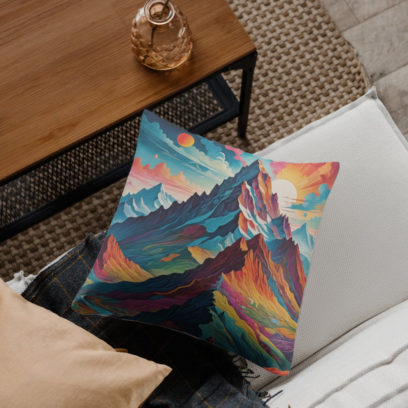 Bright, whimsical mountain art printed on a soft pillow. A perfect statement piece for cozy, dreamy decor