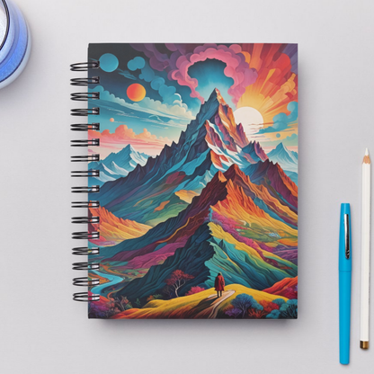 A mystical mountain scene with swirling clouds and celestial planets. Ideal for journaling your dreams and creative ideas