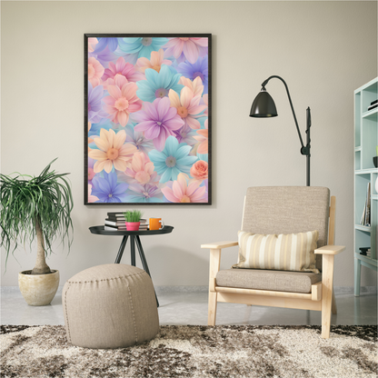 A bold yet calming vertical canvas design featuring pastel flowers arranged in an intricate pattern with elegant details.