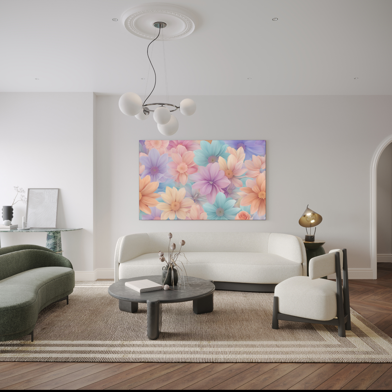 Landscape canvas art with dreamy pastel flowers, creating a peaceful ambiance for living rooms or entryways.