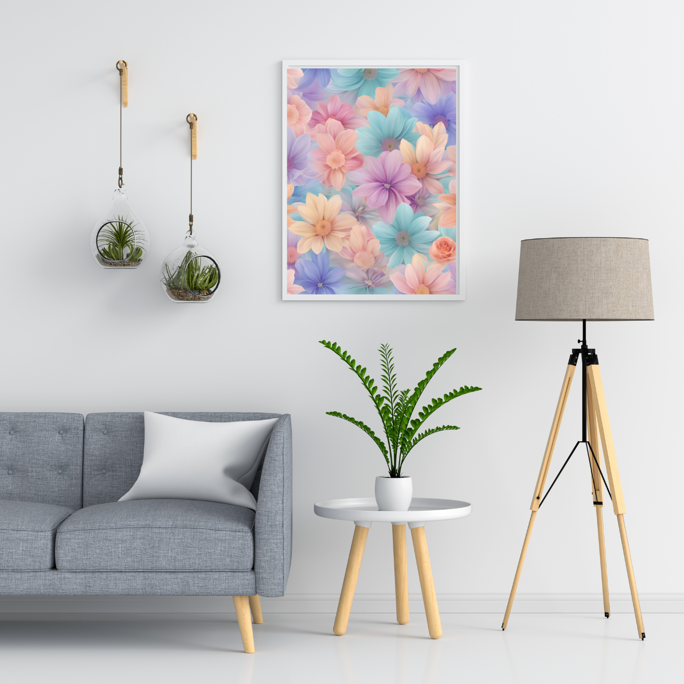 A detailed vertical canvas filled with soft-hued flowers in purple and peach, ideal for creating a statement wall.