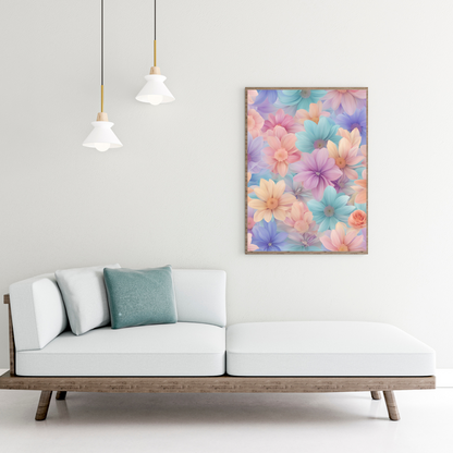 A horizontal canvas showcasing a harmonious blend of pastel blossoms, adding a touch of artistic charm to any decor style.