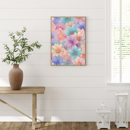 A minimalist vertical canvas of pastel-colored blossoms, perfect for modern and boho-inspired interiors.