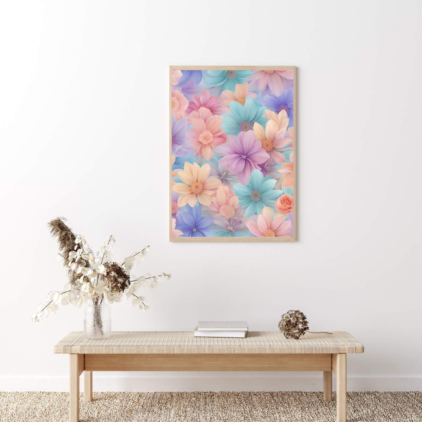 Dreamy floral canvas art in horizontal orientation, featuring vibrant yet soft flowers in purple and pink for a relaxing aesthetic.