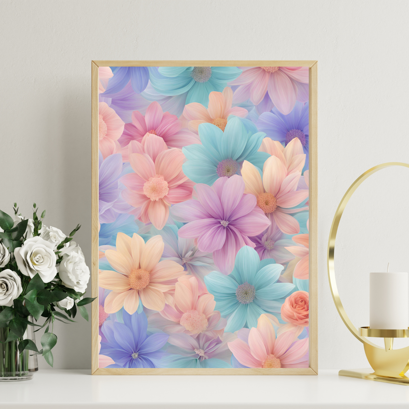 A vertical canvas bursting with pastel blooms in delicate tones of blue, peach, and purple, ideal for a cozy bedroom or living room.