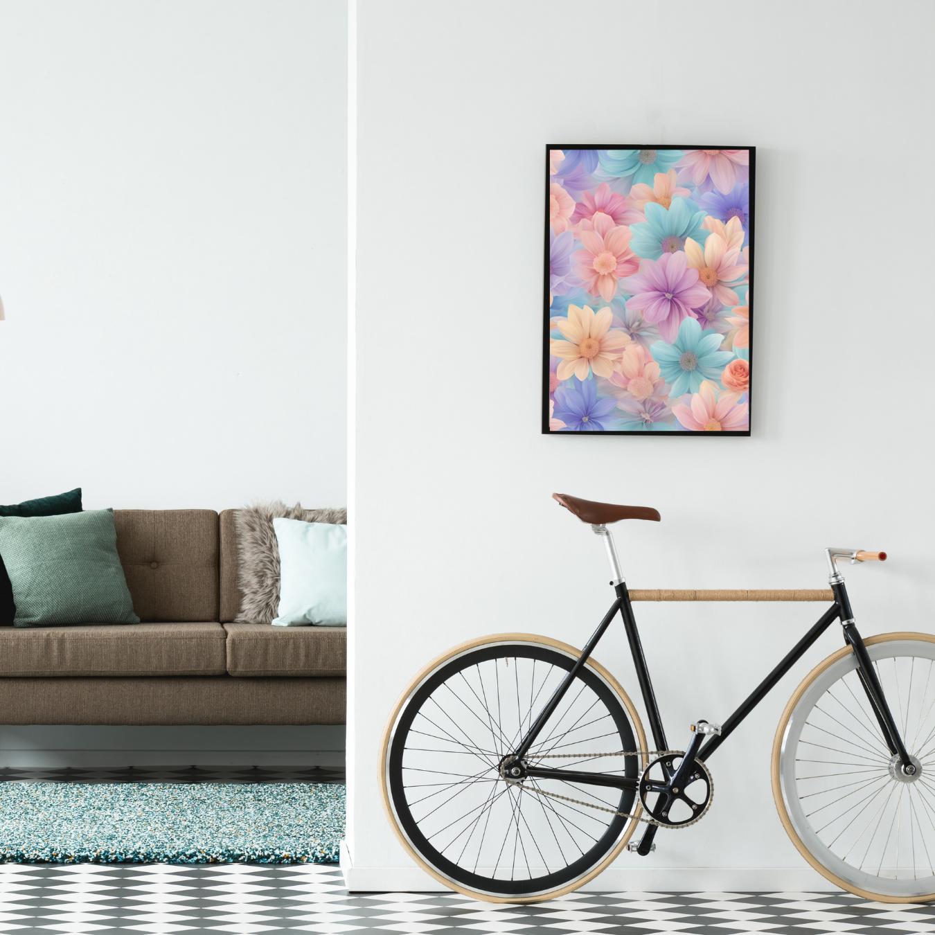 A whimsical horizontal canvas of soft pastel floral art, perfect for adding a touch of serenity to your home or office.